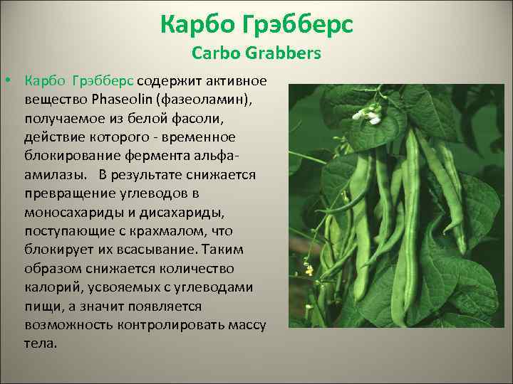 Карбо Грэбберс Carbo Grabbers • Карбо Грэбберс содержит активное вещество Phaseolin (фазеоламин), получаемое из