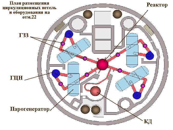 План размещения циркуляционных петель и оборудования на отм. 22 Реактор ГЗЗ ГЦН Парогенератор КД