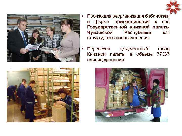  • Произошла реорганизация библиотеки в форме присоединения к ней Государственной книжной палаты Чувашской