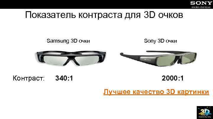 Показатель контраста для 3 D очков Samsung 3 D очки Контраст: 340: 1 Sony