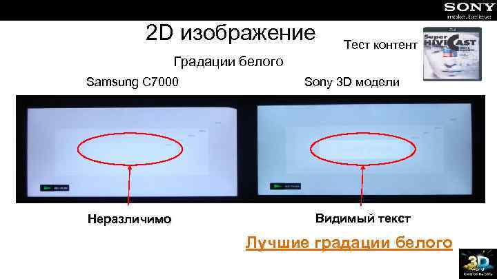 2 D изображение Тест контент Градации белого Samsung C 7000 Неразличимо Sony 3 D