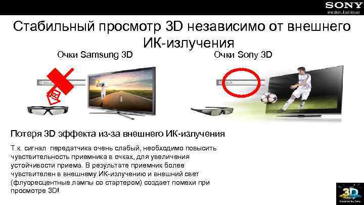 3 D очки Стабильный просмотр 3 D независимо от внешнего ИК-излучения Очки Sony 3