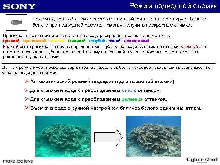 Режим подводной съемки заменяет цветной фильтр. Он регулирует баланс белого при подводной съемке, помогая