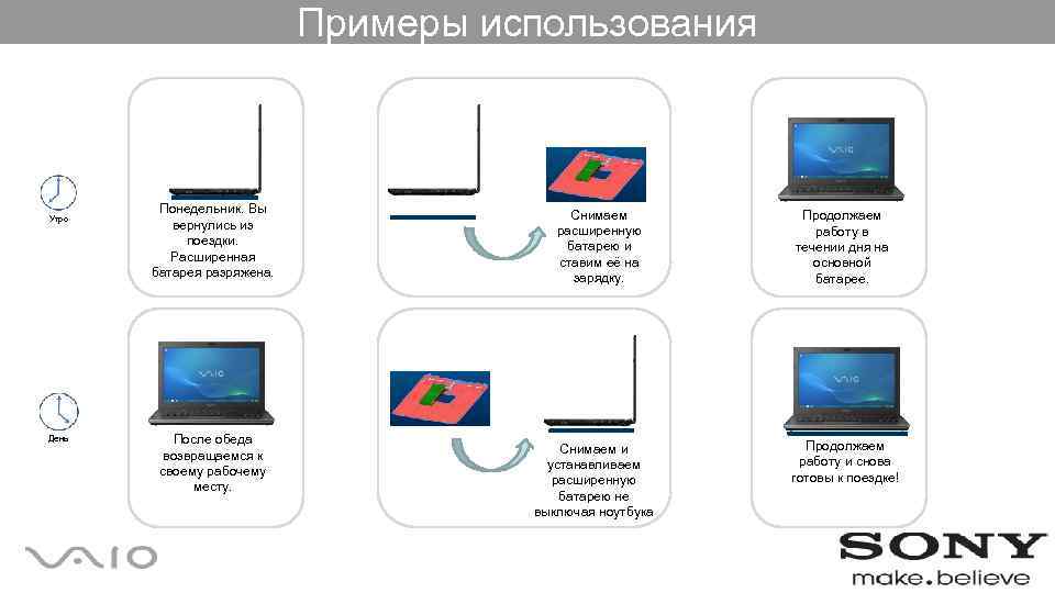 Примеры использования Утро День Понедельник. Вы вернулись из поездки. Расширенная батарея разряжена. После обеда