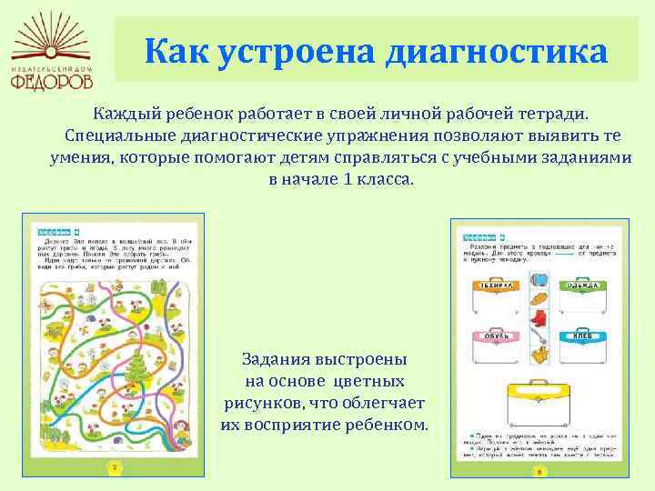 Как устроена диагностика Каждый ребенок работает в своей личной рабочей тетради. Специальные диагностические упражнения