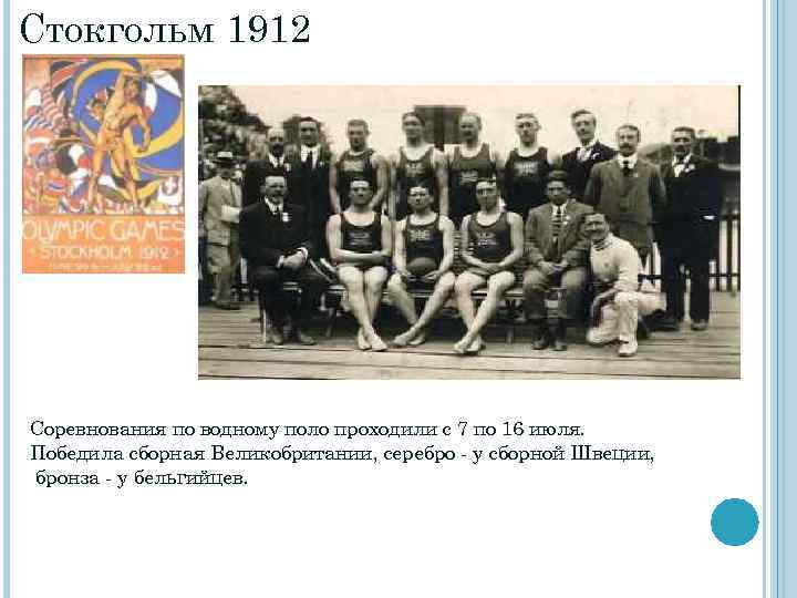 Стокгольм 1912 Соревнования по водному поло проходили с 7 по 16 июля. Победила сборная