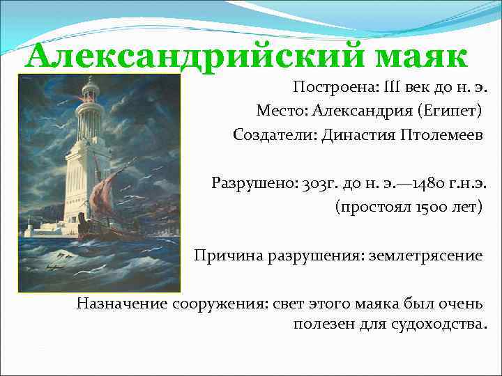 Александрийский маяк Построена: III век до н. э. Место: Александрия (Египет) Создатели: Династия Птолемеев