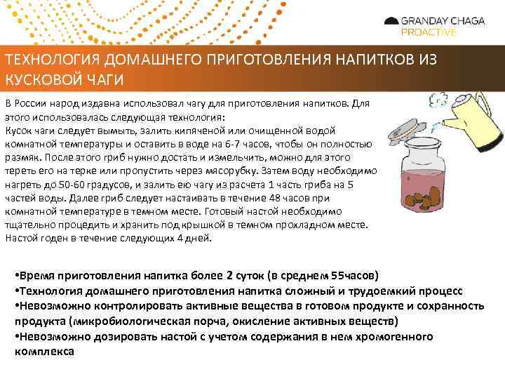 ТЕХНОЛОГИЯ ДОМАШНЕГО ПРИГОТОВЛЕНИЯ НАПИТКОВ ИЗ КУСКОВОЙ ЧАГИ В России народ издавна использовал чагу для