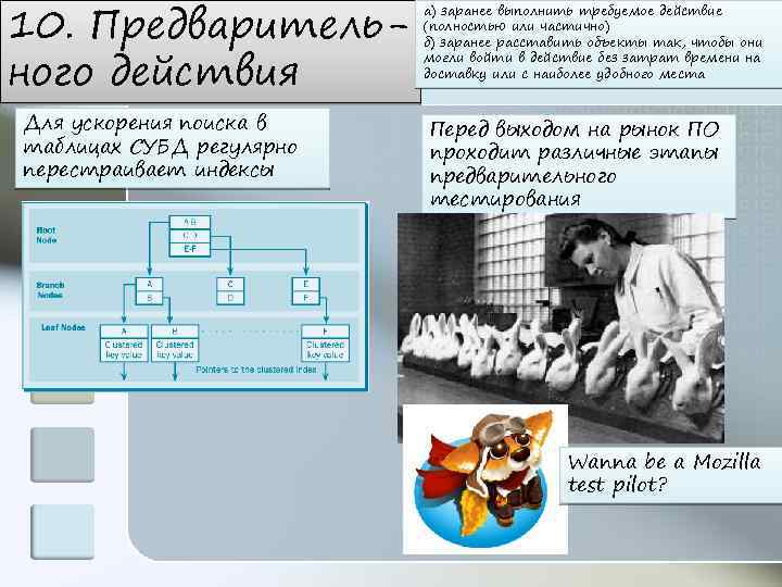 10. Предварительного действия Для ускорения поиска в таблицах СУБД регулярно перестраивает индексы а) заранее