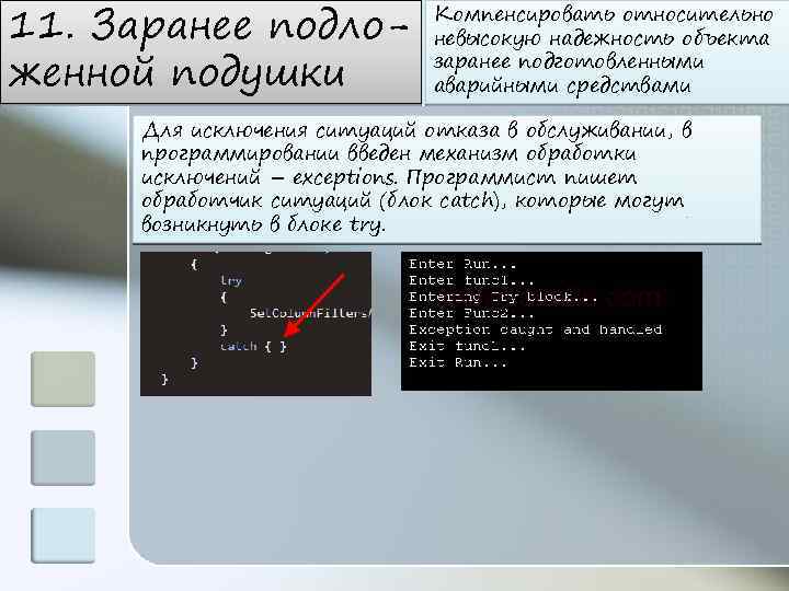 11. Заранее подложенной подушки Компенсировать относительно невысокую надежность объекта заранее подготовленными аварийными средствами Для