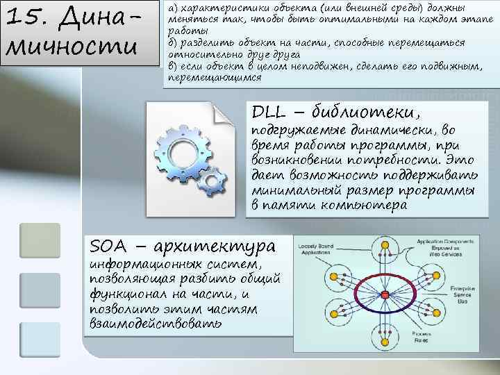15. Динамичности а) характеристики объекта (или внешней среды) должны меняться так, чтобы быть оптимальными