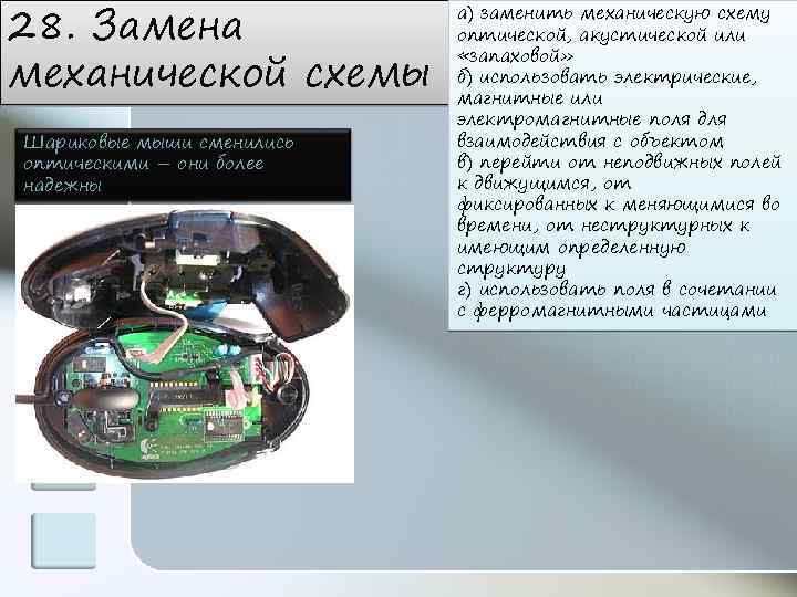 28. Замена механической схемы Шариковые мыши сменились оптическими – они более надежны а) заменить