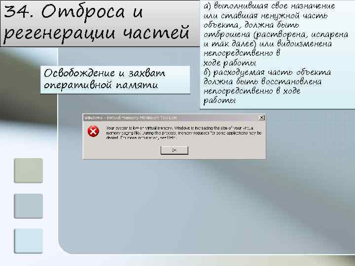 34. Отброса и регенерации частей Освобождение и захват оперативной памяти а) выполнившая свое назначение