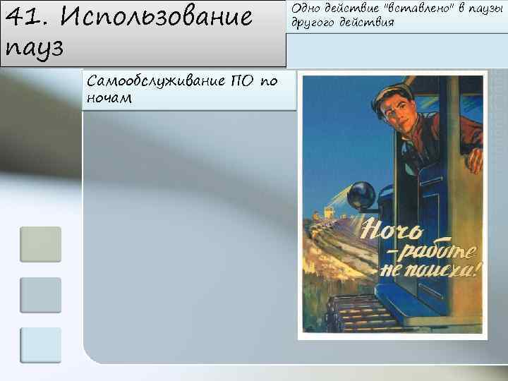 41. Использование пауз Самообслуживание ПО по ночам Одно действие 