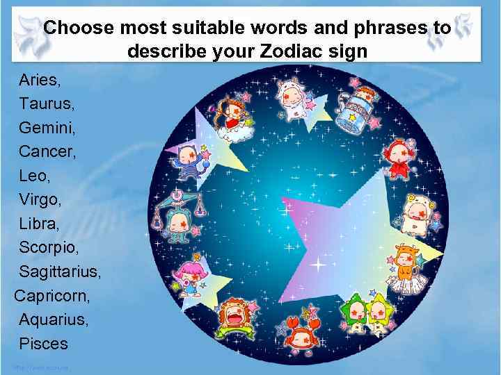 Choose most suitable words and phrases to describe your Zodiac sign Aries, Taurus, Gemini,