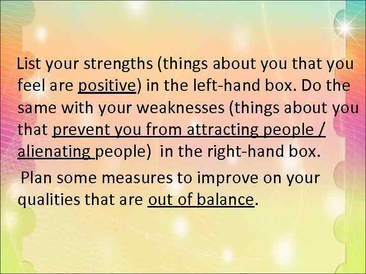  List your strengths (things about you that you feel are positive) in the