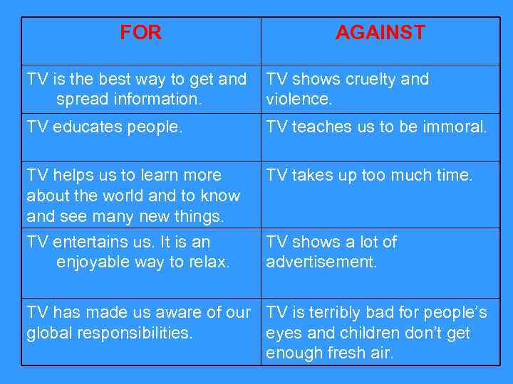 FOR AGAINST TV is the best way to get and spread information. TV shows