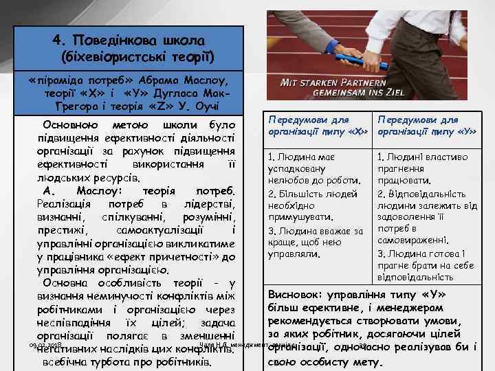 4. Поведінкова школа (біхевіористські теорії) «піраміда потреб» Абрама Маслоу, теорії «X» і «Y» Дугласа