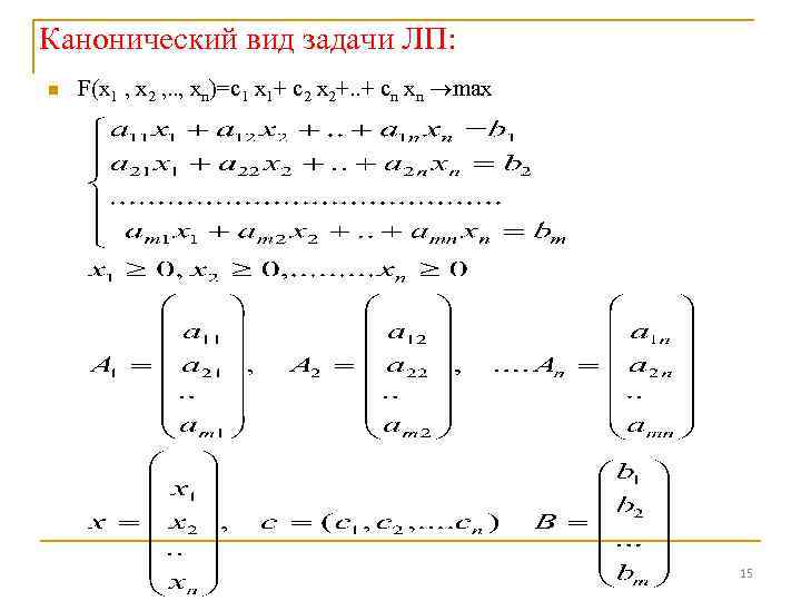 Канонический вид задачи ЛП: n F(x 1 , x 2 , . . ,