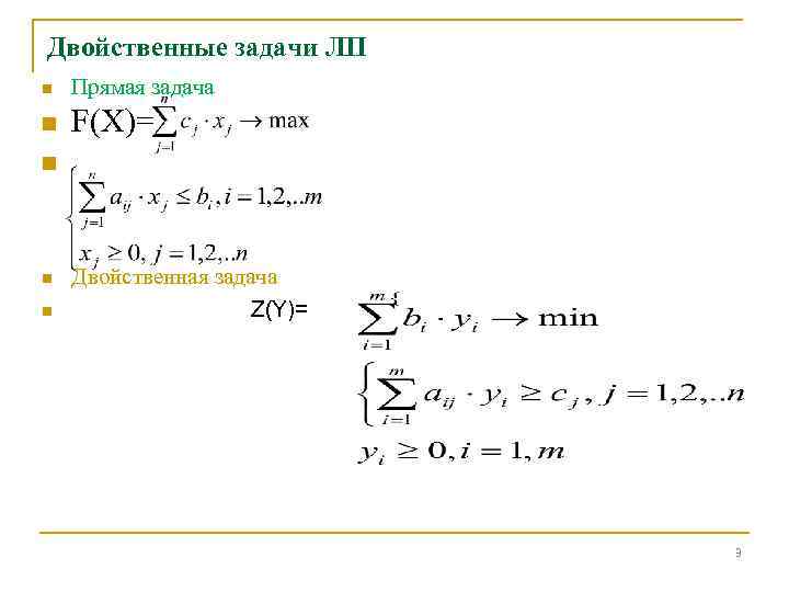 Двойственные задачи ЛП n Прямая задача n F(X)= n n n Двойственная задача Z(Y)=