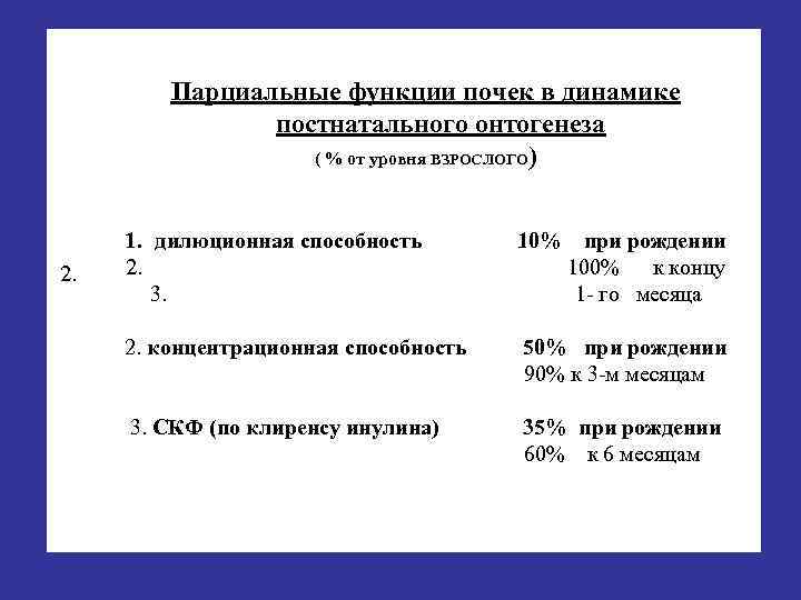 Парциальные функции почек в динамике Парциальные функции почек в постнатальном постнатального онтогенеза онтогенезе (