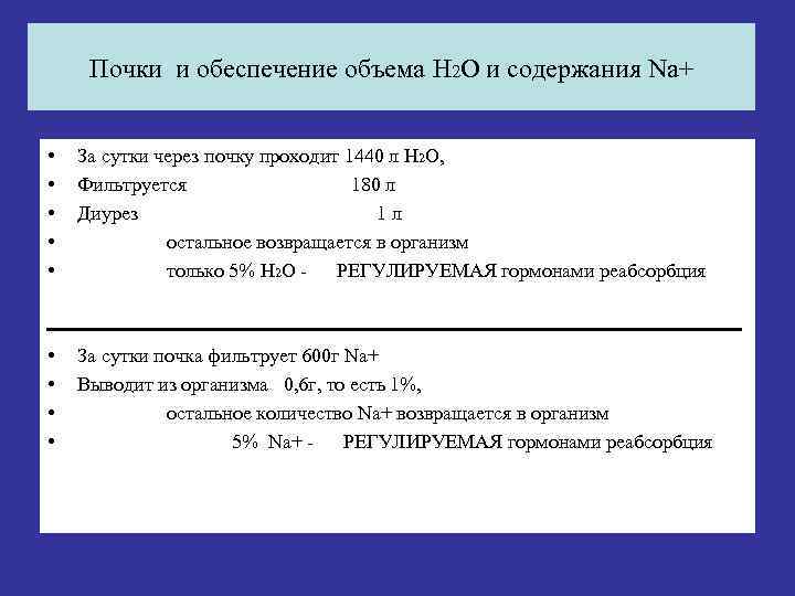 Почки и обеспечение объема Н 2 О и содержания Na+ • • • За