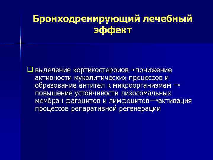 Бронходренирующий лечебный эффект q выделение кортикостероиов понижение активности муколитических процессов и образование антител к