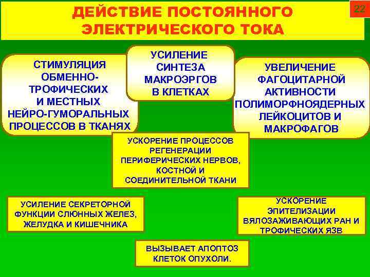 ДЕЙСТВИЕ ПОСТОЯННОГО ЭЛЕКТРИЧЕСКОГО ТОКА СТИМУЛЯЦИЯ ОБМЕННОТРОФИЧЕСКИХ И МЕСТНЫХ НЕЙРО-ГУМОРАЛЬНЫХ ПРОЦЕССОВ В ТКАНЯХ УСИЛЕНИЕ СИНТЕЗА