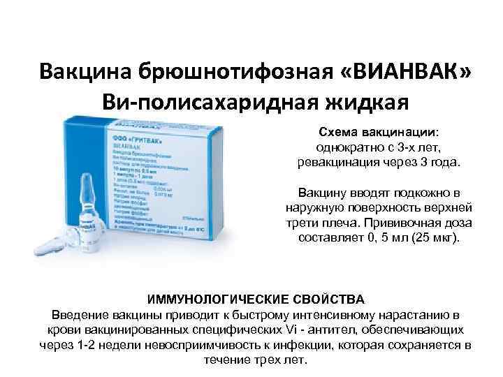 Вакцина брюшнотифозная «ВИАНВАК» Ви-полисахаридная жидкая Схема вакцинации: однократно с 3 -х лет, ревакцинация через