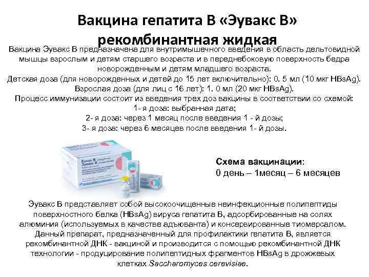 Вакцина гепатита В «Эувакс В» рекомбинантная жидкая Вакцина Эувакс В предназначена для внутримышечного введения