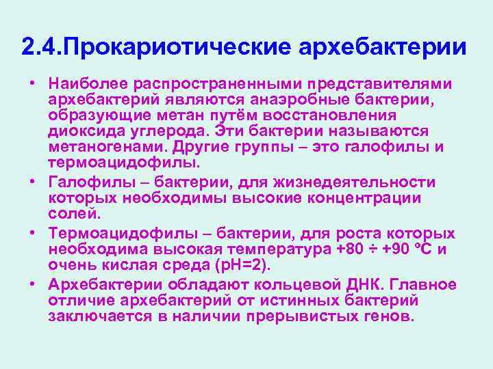 2. 4. Прокариотические архебактерии • Наиболее распространенными представителями архебактерий являются анаэробные бактерии, образующие метан