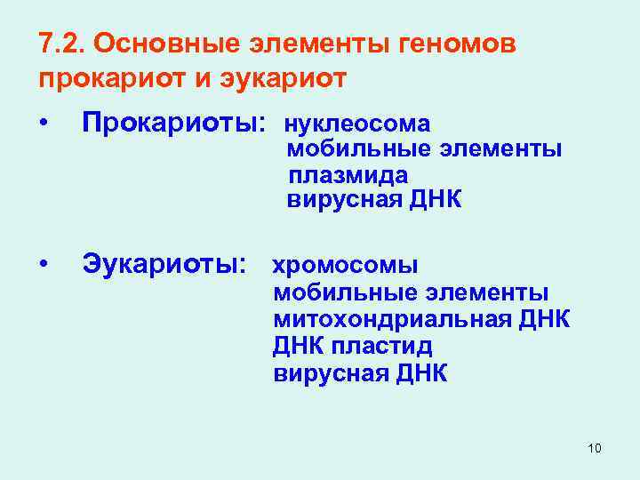 7. 2. Основные элементы геномов прокариот и эукариот • Прокариоты: нуклеосома • Эукариоты: хромосомы