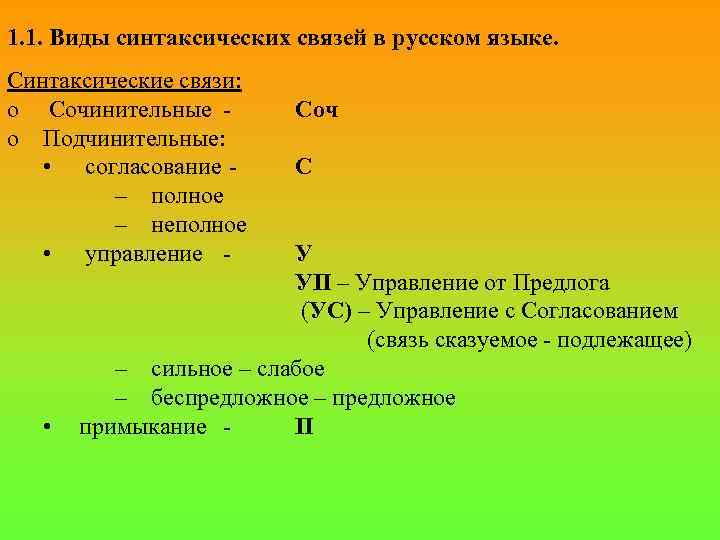 1. 1. Виды синтаксических связей в русском языке. Синтаксические связи: o Сочинительные o Подчинительные: