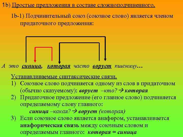 1 b) Простые предложения в составе сложноподчиненного. 1 b-1) Подчинительный союз (союзное слово) является