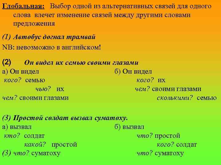 Глобальная: Выбор одной из альтернативных связей для одного слова влечет изменение связей между другими
