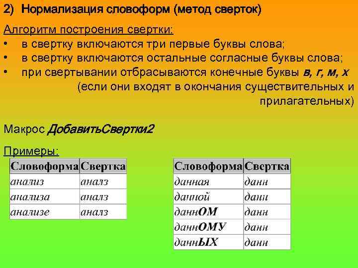 2) Нормализация словоформ (метод сверток) Алгоритм построения свертки: • в свертку включаются три первые