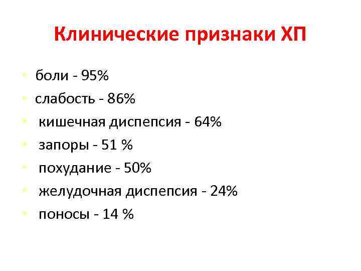 Клинические признаки ХП • • боли - 95% слабость - 86% кишечная диспепсия -