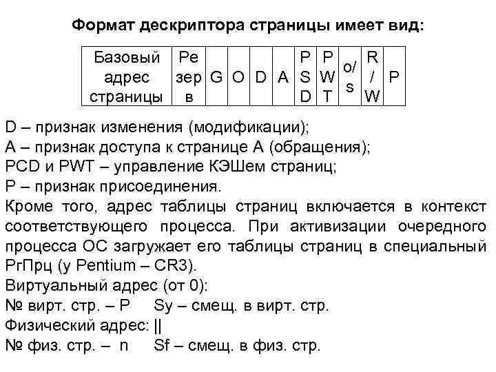 Формат дескриптора страницы имеет вид: Базовый Ре P P R o/ адрес зер G