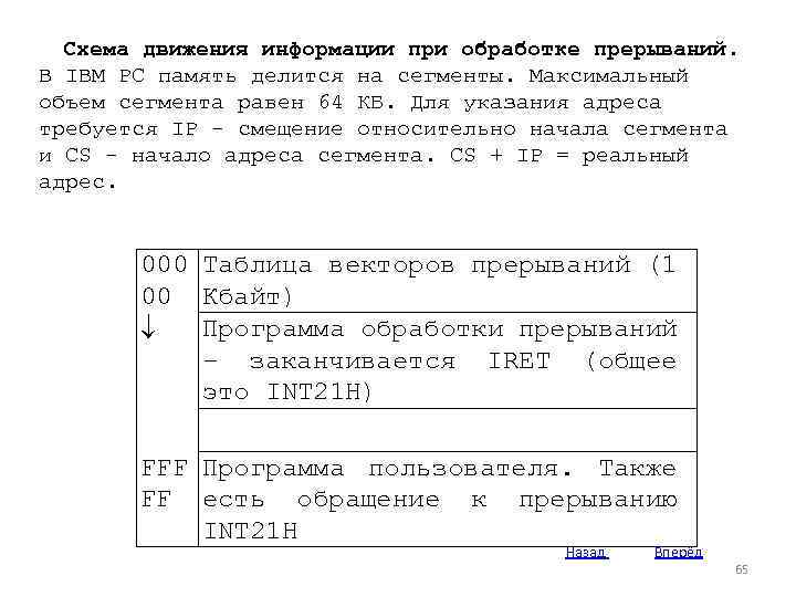 Схема движения информации при обработке прерываний. В IBM PC память делится на сегменты. Максимальный