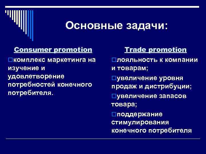 Основные задачи: Consumer promotion oкомплекс маркетинга на изучение и удовлетворение потребностей конечного потребителя. Trade