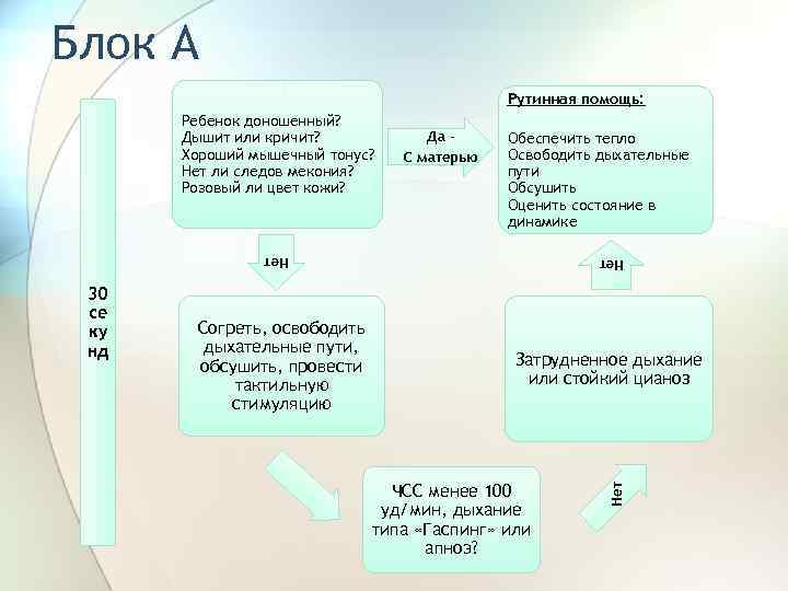 Блок А Рутинная помощь: Ребенок доношенный? Дышит или кричит? Хороший мышечный тонус? Нет ли