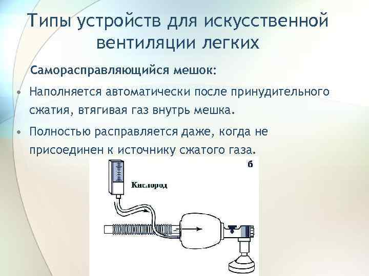 Типы устройств для искусственной вентиляции легких Саморасправляющийся мешок: • Наполняется автоматически после принудительного сжатия,