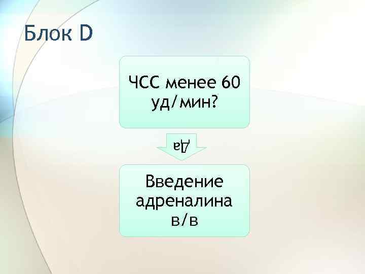 Блок D ЧСС менее 60 уд/мин? Да Введение адреналина в/в 