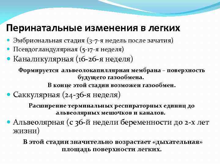 Перинатальные изменения в легких Эмбриональная стадия (3 -7 -я недель после зачатия) Псевдогландулярная (5