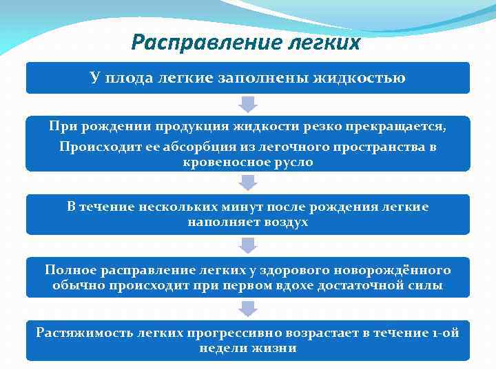 Расправление легких У плода легкие заполнены жидкостью При рождении продукция жидкости резко прекращается, Происходит