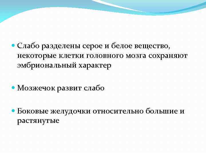  Слабо разделены серое и белое вещество, некоторые клетки головного мозга сохраняют эмбриональный характер