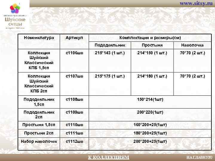 www. sitsy. ru Номенклатура Артикул Комплектация и размеры(см) Пододеяльник Простыня Наволочка Коллекция Шуйский Классический