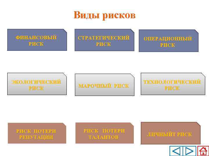 Виды рисков ФИНАНСОВЫЙ РИСК СТРАТЕГИЧЕСКИЙ РИСК ОПЕРАЦИОННЫЙ РИСК ЭКОЛОГИЧЕСКИЙ РИСК МАРОЧНЫЙ РИСК ТЕХНОЛОГИЧЕСКИЙ РИСК