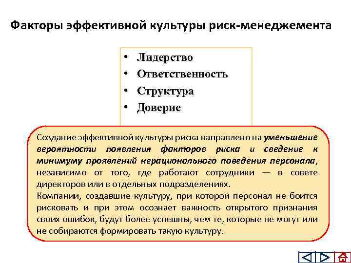 Факторы эффективной культуры риск-менеджемента • • Лидерство Ответственность Структура Доверие Создание эффективной культуры риска