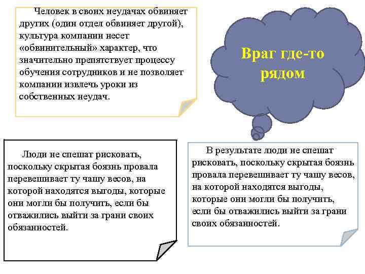 Человек в своих неудачах обвиняет других (один отдел обвиняет другой), культура компании несет «обвинительный»